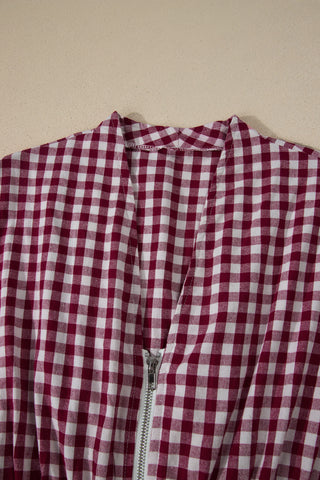 Checkered Cinched Waist Dress - Red