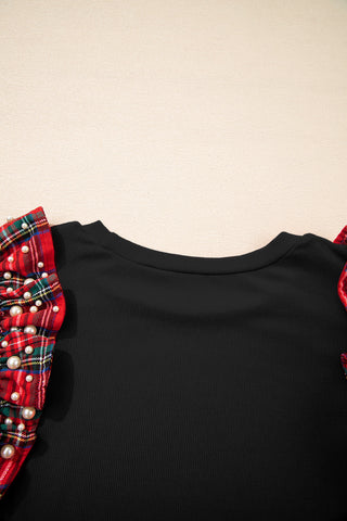 Ruffle Sleeve Plaid Top - Black