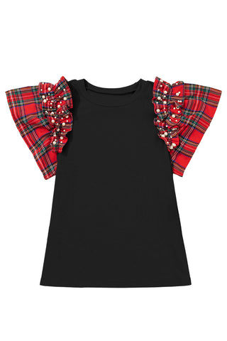 Ruffle Sleeve Plaid Top - Black