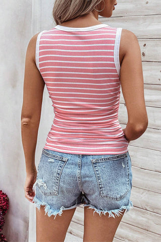 Shirred Side Striped Tank Top - Pink and White
