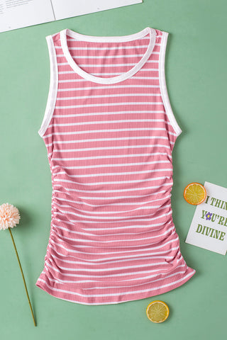 Shirred Side Striped Tank Top - Pink and White