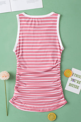 Shirred Side Striped Tank Top - Pink and White