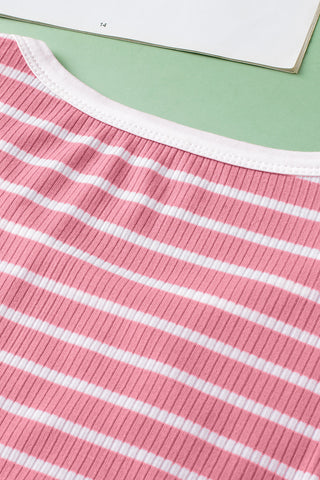 Shirred Side Striped Tank Top - Pink and White