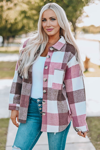 Thick Flannel Buffalo Plaid Shacket with Pockets - Pink