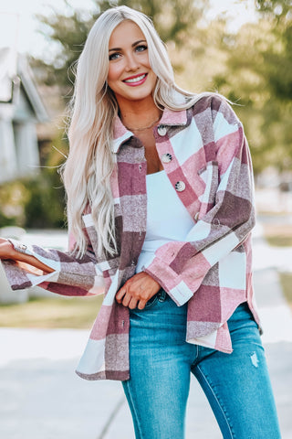 Thick Flannel Buffalo Plaid Shacket with Pockets - Pink