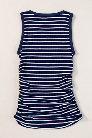 Shirred Side Striped Tank Top - Navy