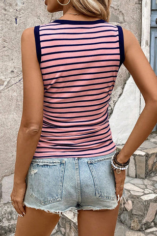 Shirred Side Striped Tank Top - Pink and Black