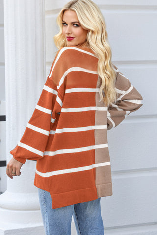 Striped Half and Half Sweater - Rust and Brown