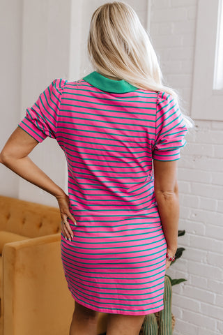 Polo Style Striped Dress - Pink
