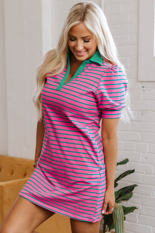 Polo Style Striped Dress - Pink
