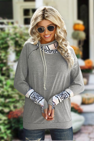 Aztec Print Double Hoodie - Gray