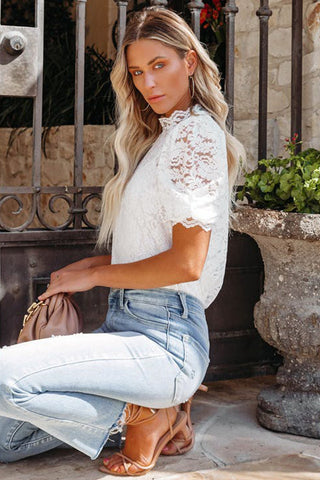 Two Piece Mock Neck Lace Top - White