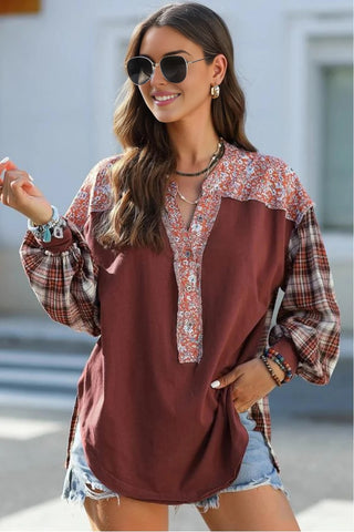 Boho Style Mixed Pattern Henley Top - Burgundy