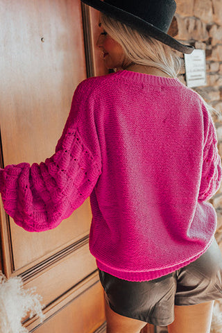 Bubble Contrast Sleeve Sweater - Hot Pink