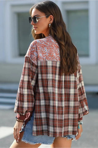 Boho Style Mixed Pattern Henley Top - Burgundy