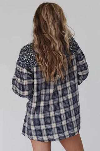 Boho Style Mixed Pattern Henley Top - Blue