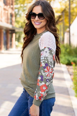 Fall Floral Sleeve Top - Green
