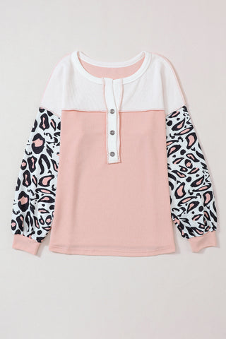 Henley Leopard Thermal Top - Pink