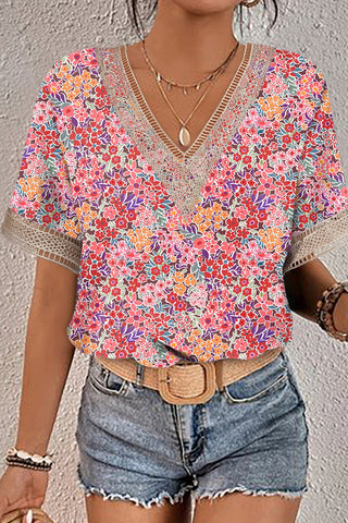 Whimsical Floral Print Top with Crochet Detailed Neck Line