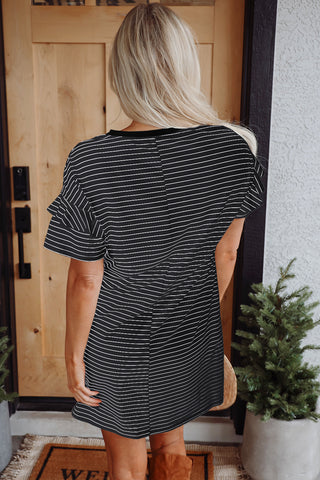 Striped Ruffle Sleeve Shirt Dress - Black