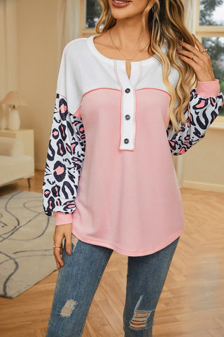 Henley Leopard Thermal Top - Pink