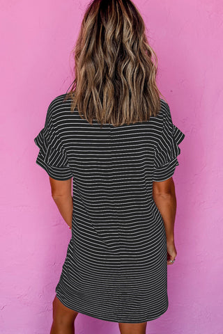 Striped Ruffle Sleeve Shirt Dress - Black