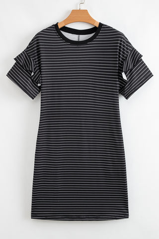 Striped Ruffle Sleeve Shirt Dress - Black
