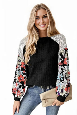 Fall Floral Sleeve Top - Black
