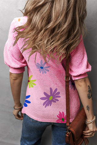 Waffle Knit Floral Top - Pink