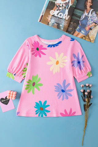 Waffle Knit Floral Top - Pink