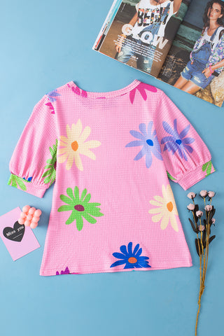Waffle Knit Floral Top - Pink