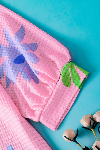 Waffle Knit Floral Top - Pink