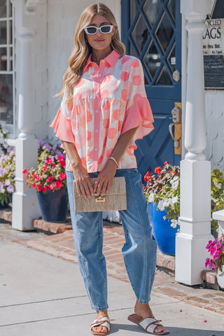 Pink Polka Dot Oversized Button Up Top