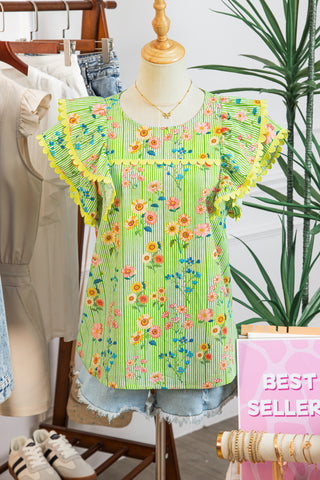 Whimsical Flowers Lime Top