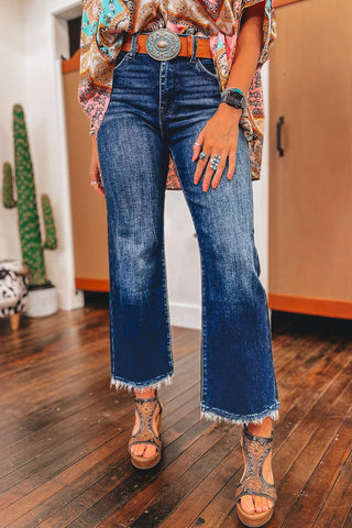 Frayed Bottom Cropped Jeans - Dark Wash