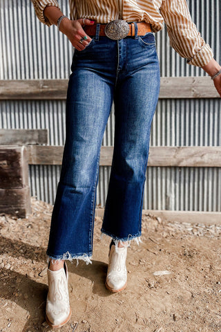 Frayed Bottom Cropped Jeans - Dark Wash - Ships by 9/5