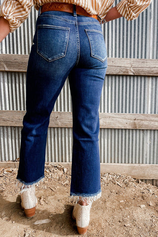 Frayed Bottom Cropped Jeans - Dark Wash - Ships by 9/5