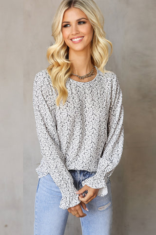 Floral Long Sleeve Puff Sleeve Top - Black