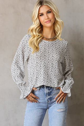 Floral Long Sleeve Puff Sleeve Top - Black