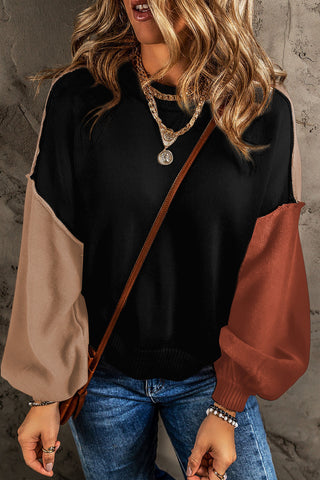 Bishop Sleeve Color Block Sweater - Black - Ships Friday