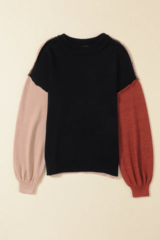 Bishop Sleeve Color Block Sweater - Black
