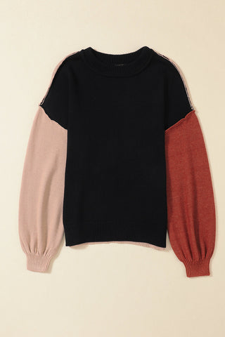 Bishop Sleeve Color Block Sweater - Black - Ships Friday