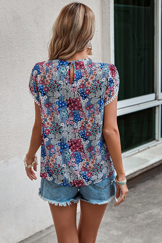 Lace Sleeve Top - Blue Floral