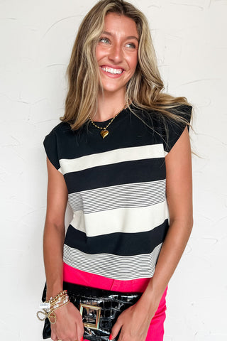 Cap Sleeve Striped Top - Black