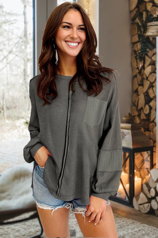 Bubble Sleeve Waffle Knit Top - Gray
