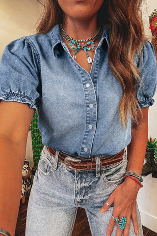 Button Up Puff Sleeve Denim Top