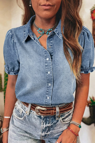 Button Up Puff Sleeve Denim Top