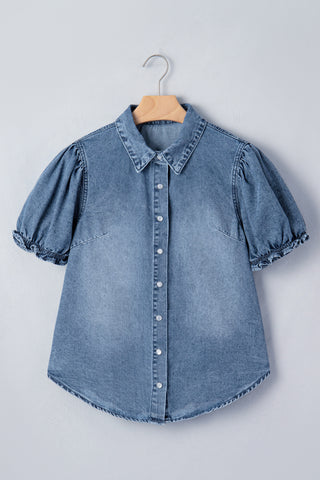 Button Up Puff Sleeve Denim Top