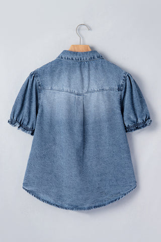 Button Up Puff Sleeve Denim Top