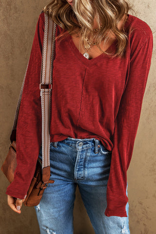 V-Neck Long Sleeve Center Seam Top - Sandalwood